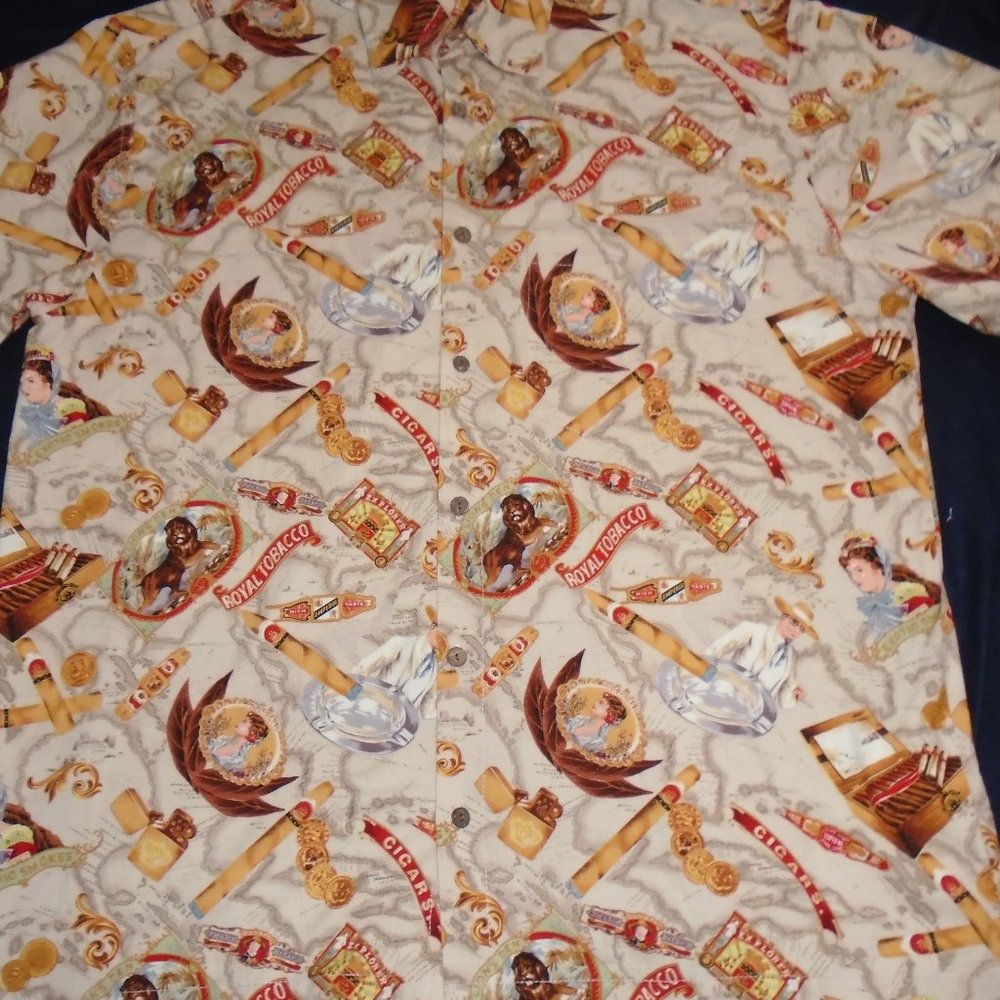 High Seas Trading Co Royal Tobacco Cigars Lion's Den Hawaiian Camp Shirt Large